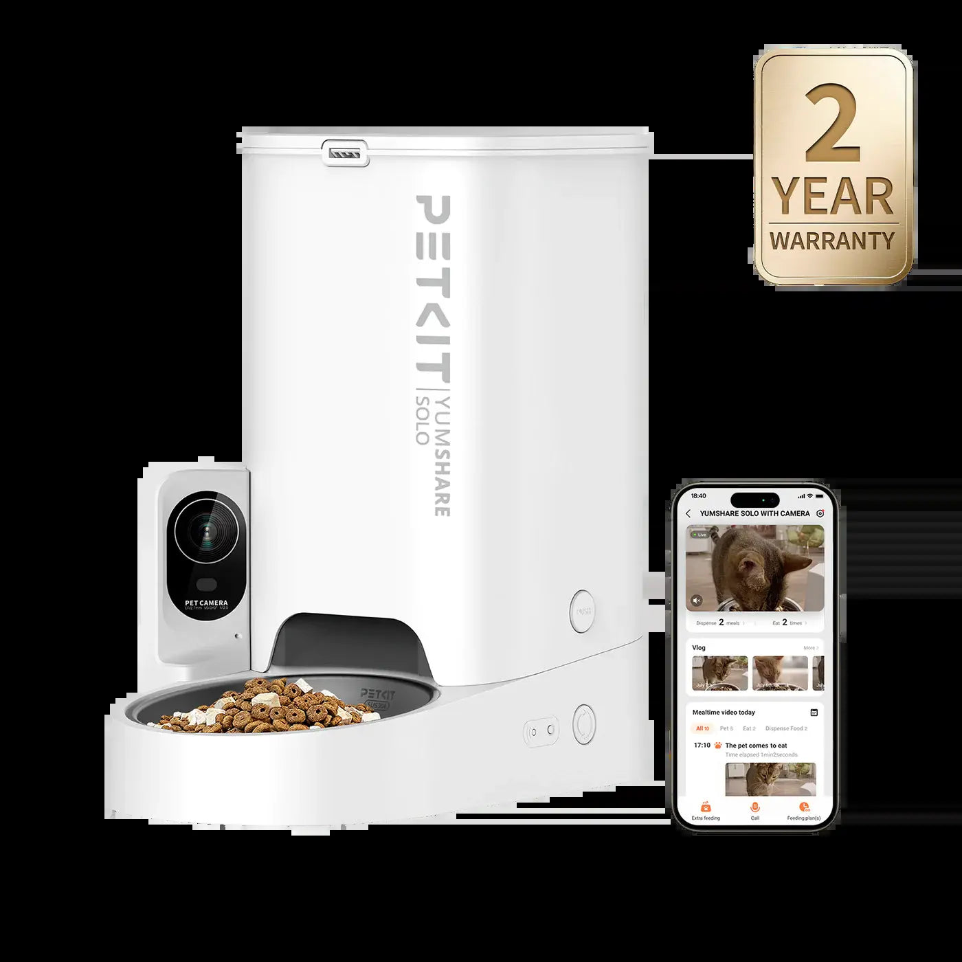 AI Pet Food Feeder with Camera - PETKIT Yumshare Solo 2 - Facial Recognition for up to 15 Pets, Live Video Streaming, App Control, Customized Meal Plans (For Dogs & Cats), Food Feeders
