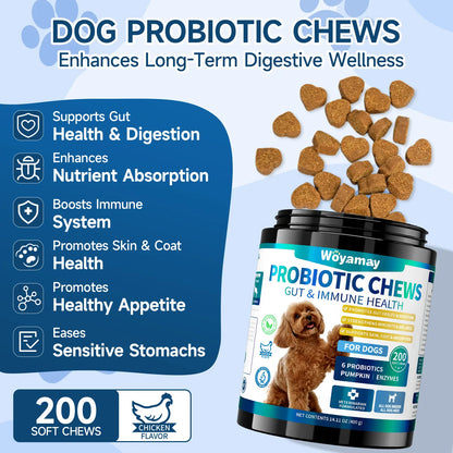 Dog Probiotics, 200 Chews, Gut and Digestive Health, Itchy Skin, Yeast Overgrowth, Diarrhoea & Gas, Overall Health Supplements