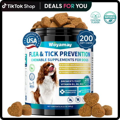 Flea & Tick Prevention for Dogs, 200 Ct Chewables - Support Skin & Coat Health with Fish Oil, Omega-3, Multivitamin, Natural Dog Flea and Tick Chews for All Breeds & Sizes, Chicken Flavor