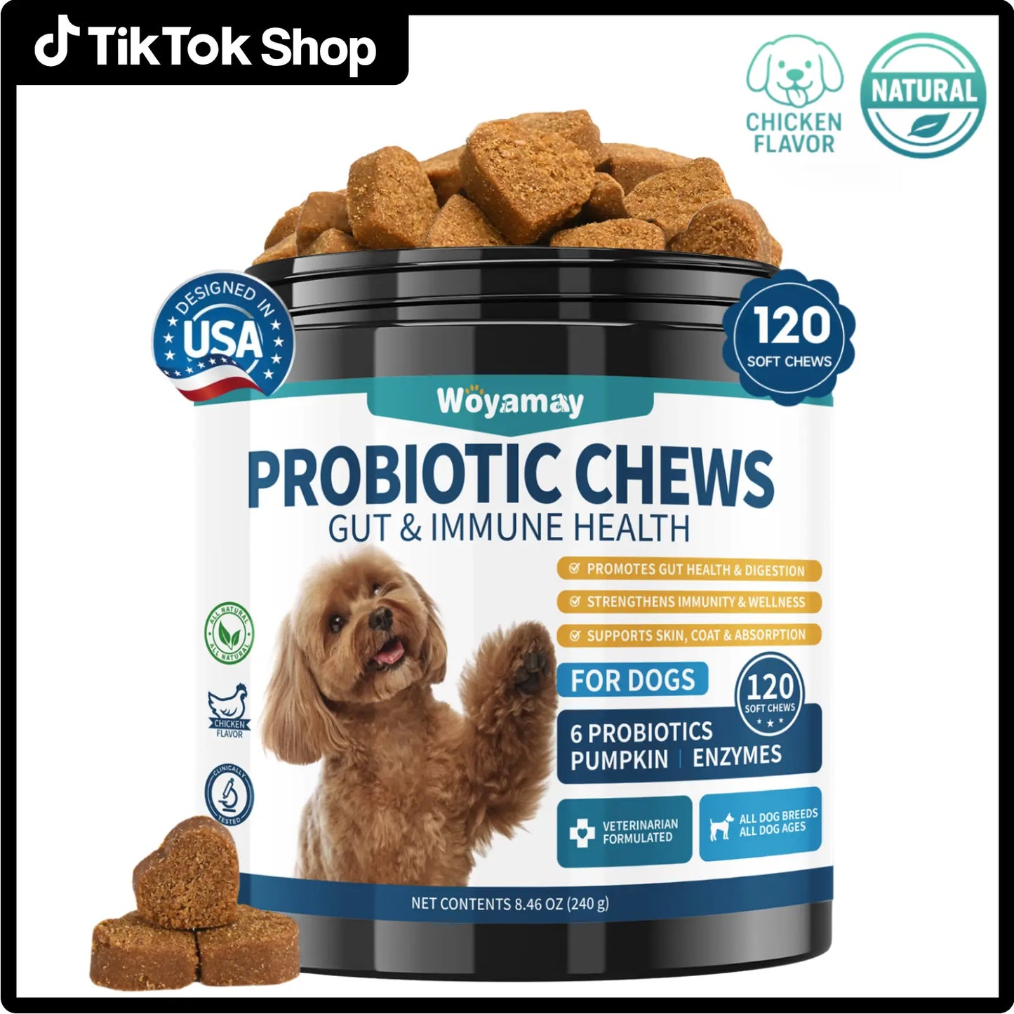 Dog Probiotics, 200 Chews, Gut and Digestive Health, Itchy Skin, Yeast Overgrowth, Diarrhoea & Gas, Overall Health Supplements