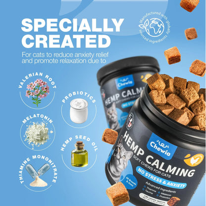 Hemp Calming Chews for Cats Melatonin Hemp Seed Oil & Probiotics Anxiety Relief