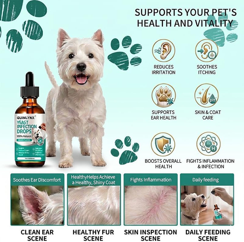 Dog Yeast Infection Treatment Drops – Treats Canine Ear & Paw Yeast Infections, Relieves Irritation, Inflammation & Allergies, Multivitamin Probiotic Supplement for Dogs