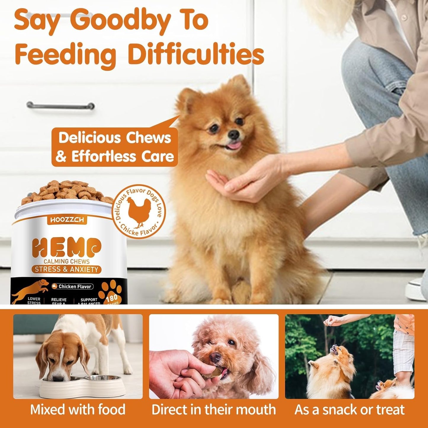 Hemp Calming Chews for Dogs, 180 Count Dogs Calming Chews, Anxiety Relief Treats for Stress Relief, Separation Aid, Barking, Composure, Promote Relaxation, Chicken Flavor