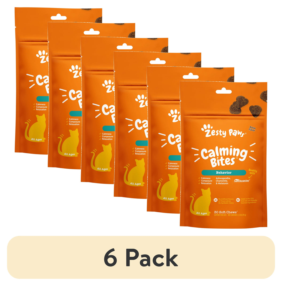 (6 Pack)  Calming Bites Bacon 30Ct - Cat (Pouch)