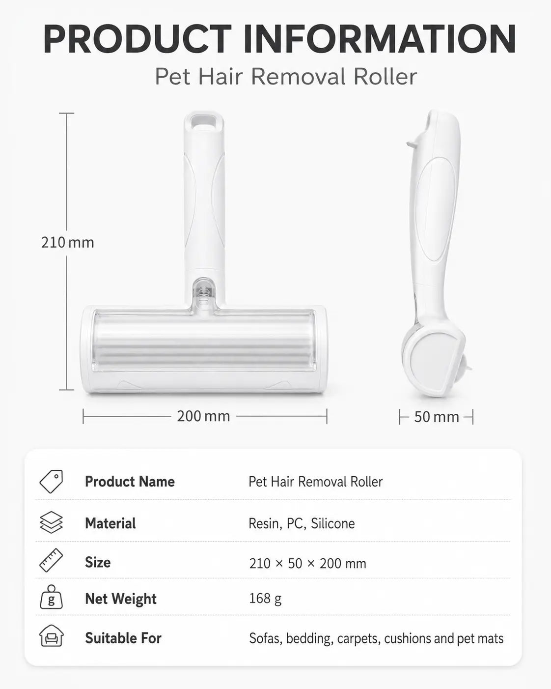White Pet Hair Removal Roller – 20 Cm Wide Reusable Lint & Fur Cleaner for Sofas, Carpets, Bedding & Pet Mats – Easy One‑Touch Empty Grooming Tool for Cat & Dog Hair Cleanup