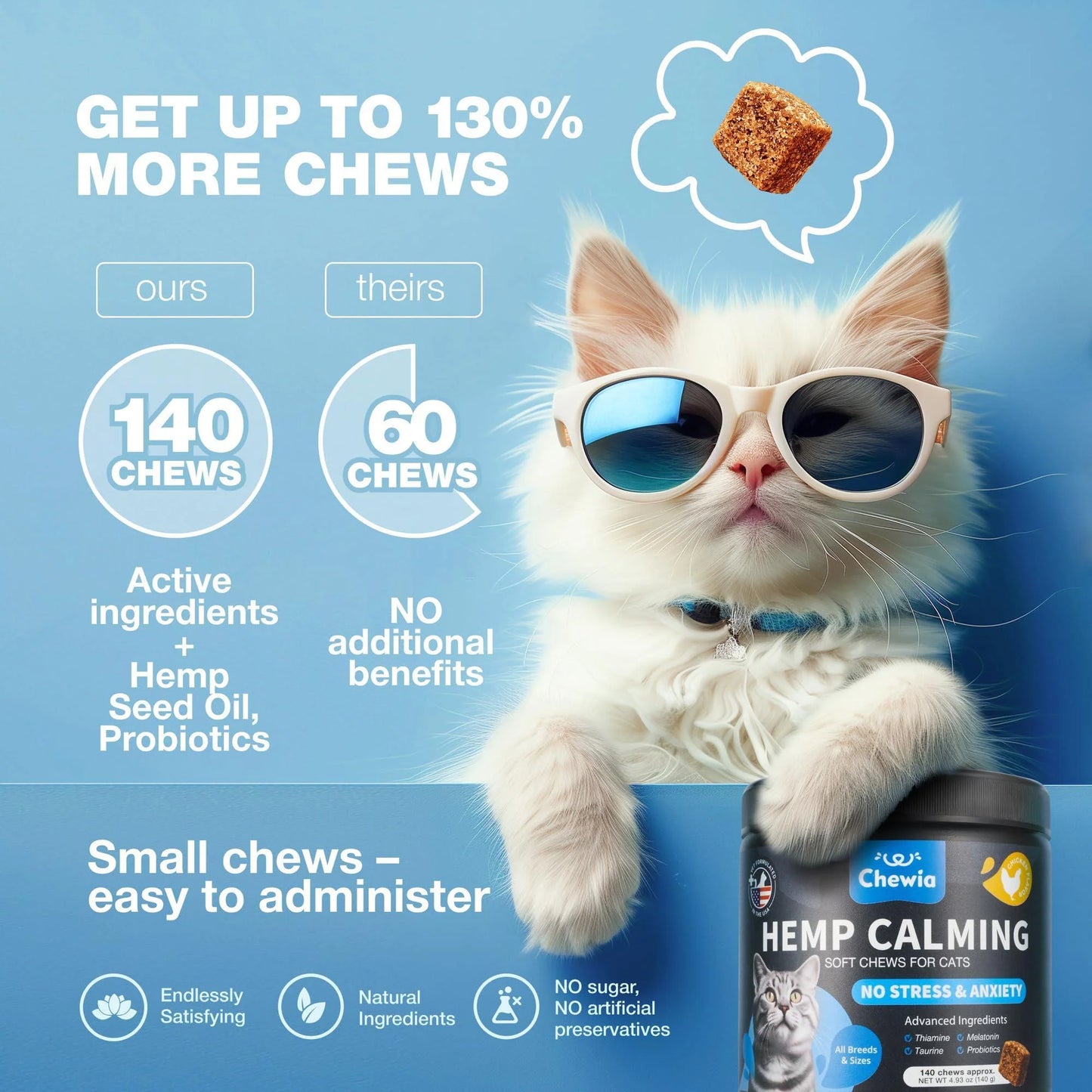 Hemp Calming Chews for Cats Melatonin Hemp Seed Oil & Probiotics Anxiety Relief