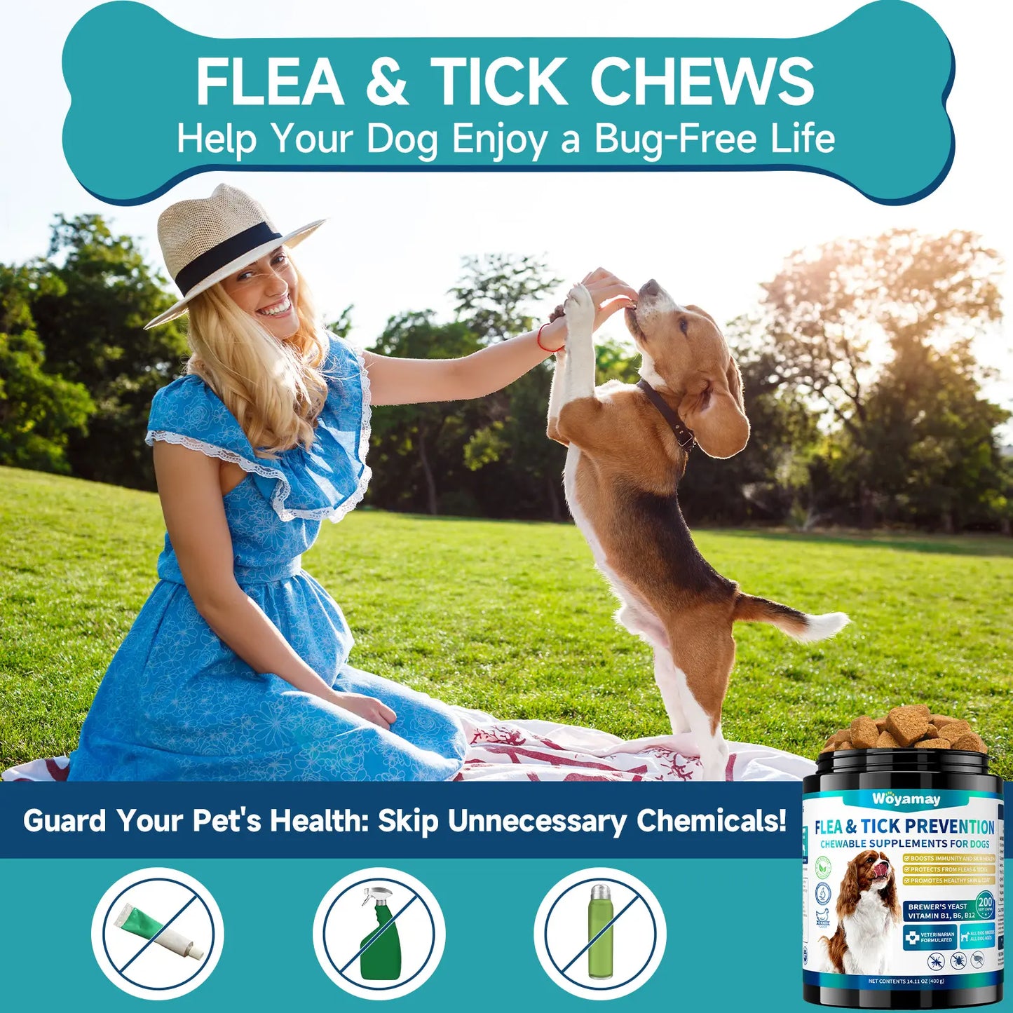 Flea & Tick Prevention for Dogs, 200 Ct Chewables - Support Skin & Coat Health with Fish Oil, Omega-3, Multivitamin, Natural Dog Flea and Tick Chews for All Breeds & Sizes, Chicken Flavor