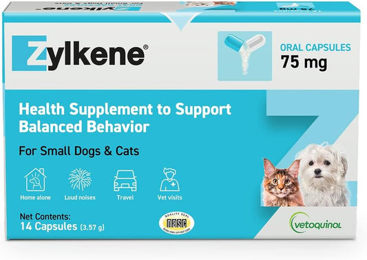 Zylkene Calming Support Supplement for Small Dogs and Cats, Promotes Relaxation, Reduces Stress, and Supports Occasional Anxiety Relief for Dogs and Cats, 75Mg - 14 Capsules