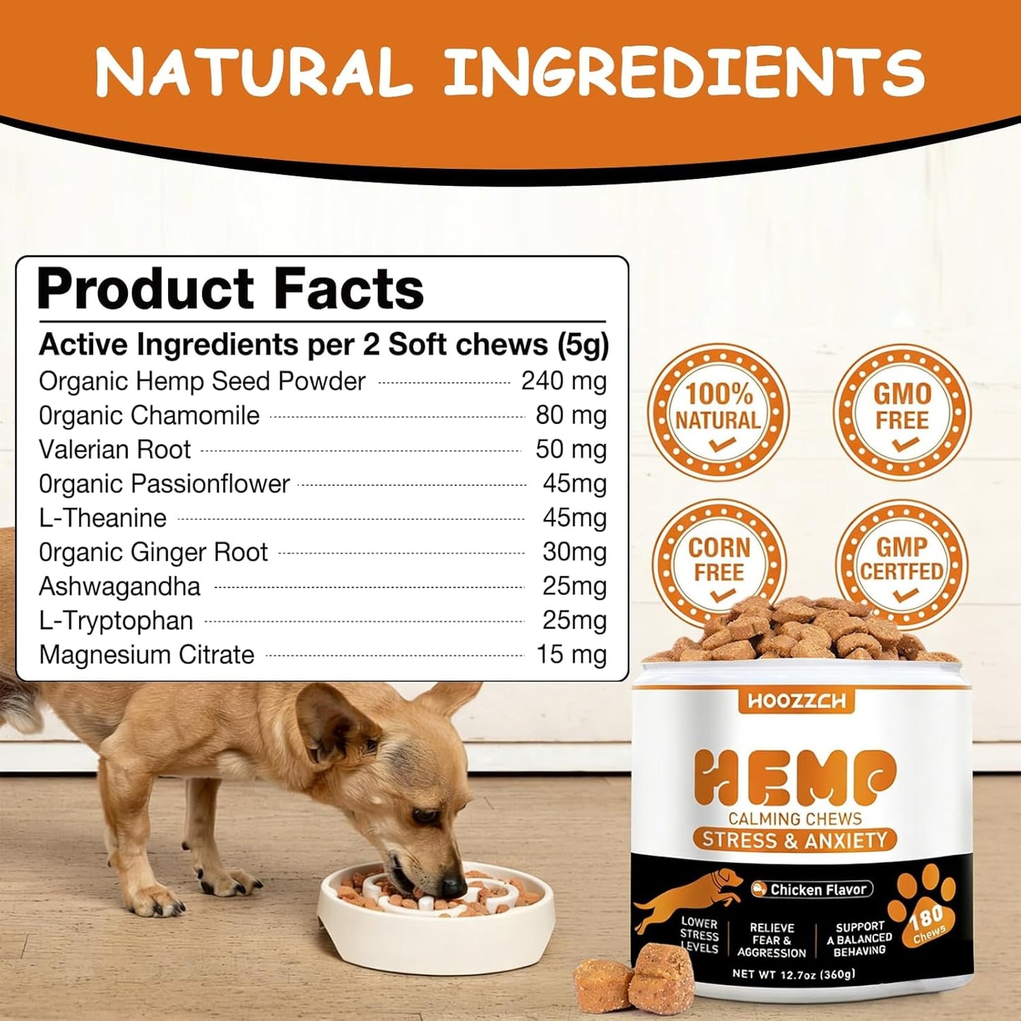 Hemp Calming Chews for Dogs, 180 Count Dogs Calming Chews, Anxiety Relief Treats for Stress Relief, Separation Aid, Barking, Composure, Promote Relaxation, Chicken Flavor