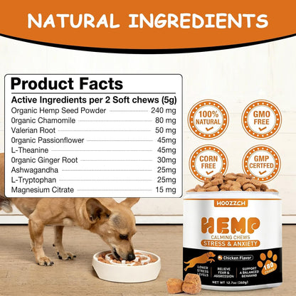 Hemp Calming Chews for Dogs, 180 Count Dogs Calming Chews, Anxiety Relief Treats for Stress Relief, Separation Aid, Barking, Composure, Promote Relaxation, Chicken Flavor