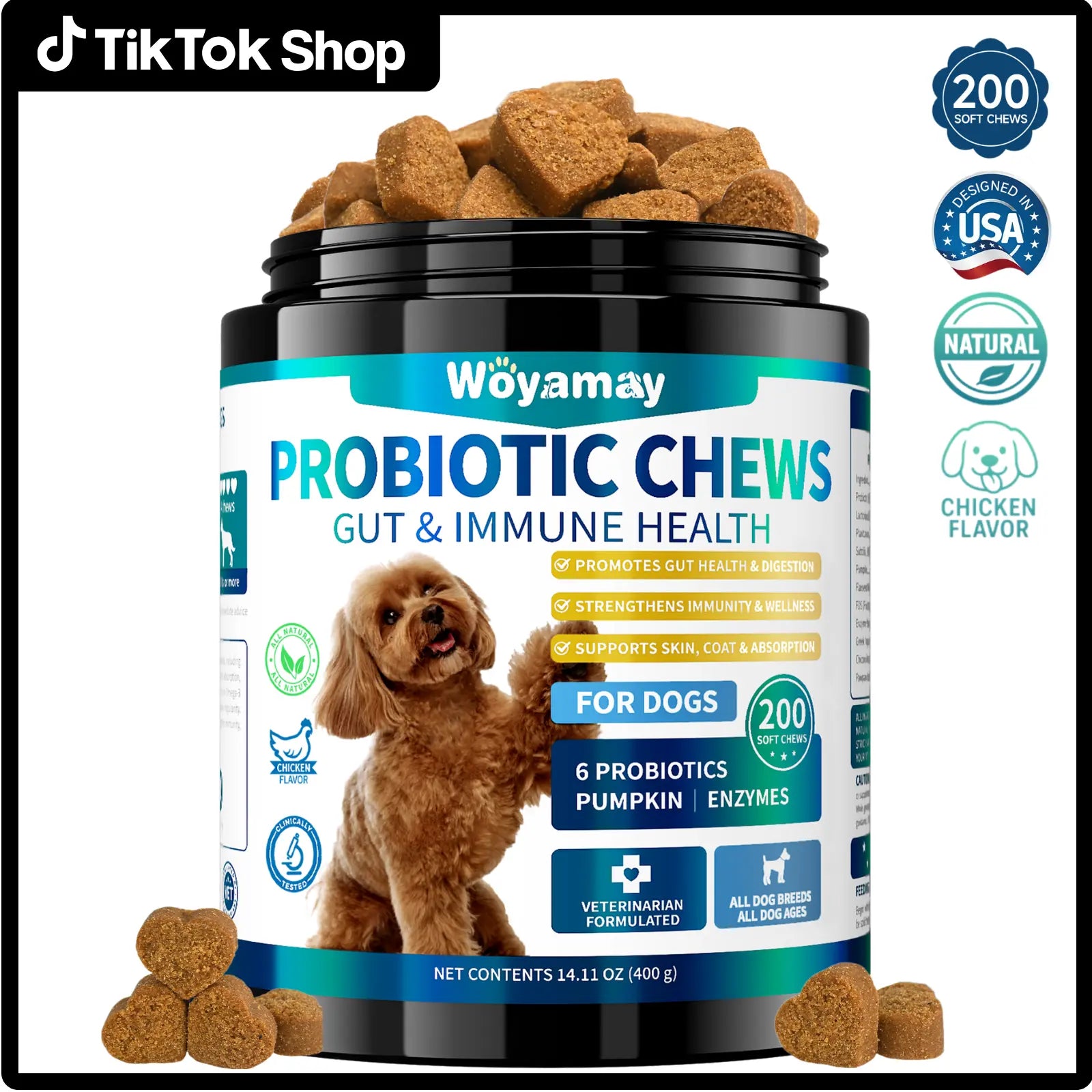 Dog Probiotics, 200 Chews, Gut and Digestive Health, Itchy Skin, Yeast Overgrowth, Diarrhoea & Gas, Overall Health Supplements