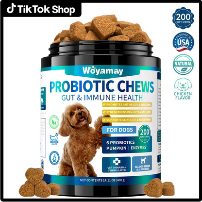 Dog Probiotics, 200 Chews, Gut and Digestive Health, Itchy Skin, Yeast Overgrowth, Diarrhoea & Gas, Overall Health Supplements
