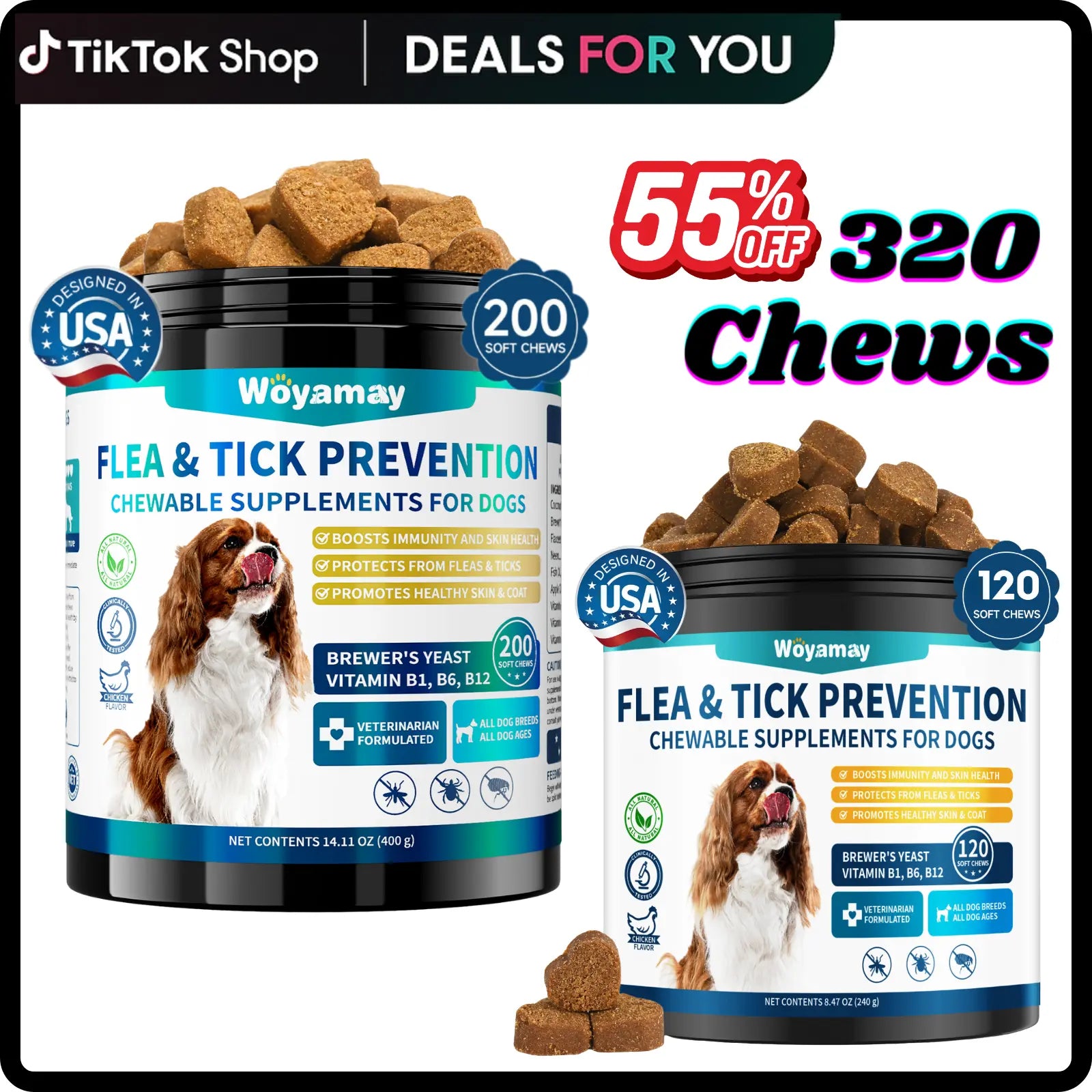Flea & Tick Prevention for Dogs, 200 Ct Chewables - Support Skin & Coat Health with Fish Oil, Omega-3, Multivitamin, Natural Dog Flea and Tick Chews for All Breeds & Sizes, Chicken Flavor