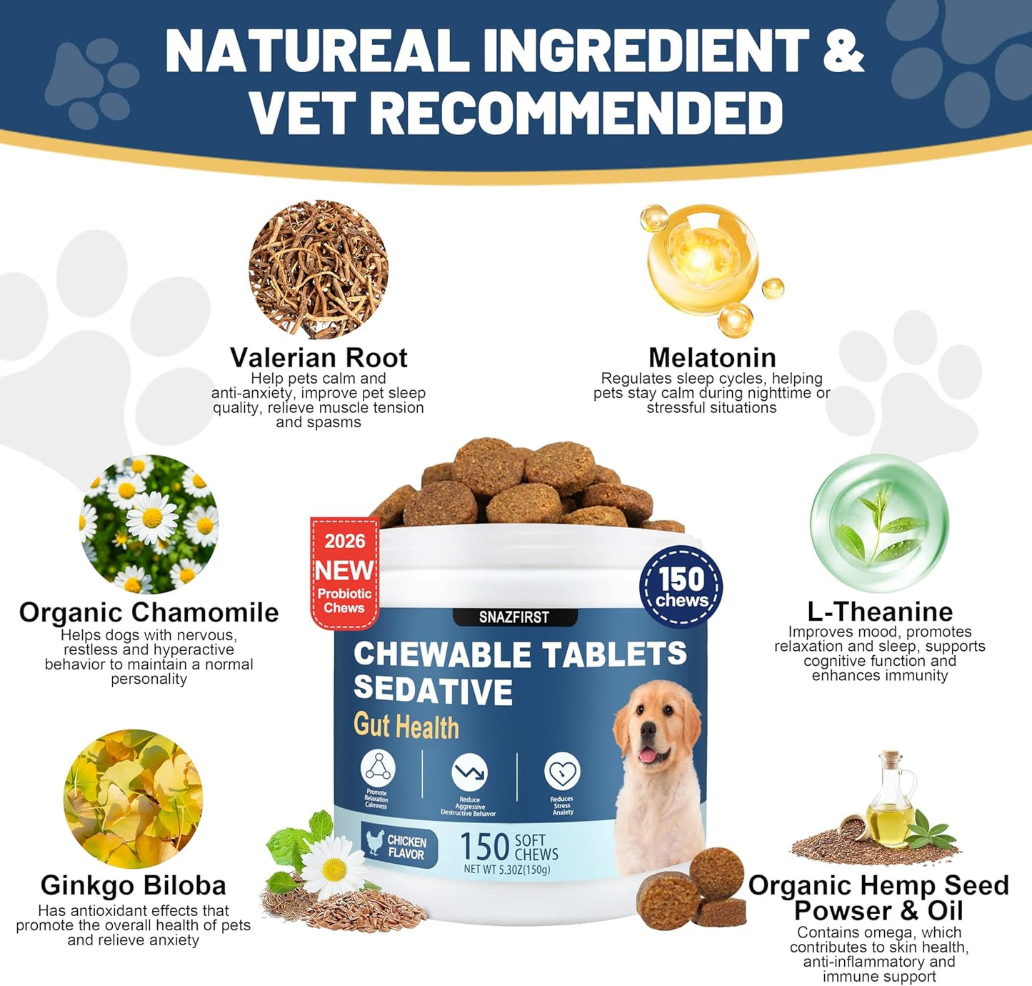 Calming Chews for Dogs, Dog Calming Chews Melatonin Relief Anxiety Bites | Dog Melatonin Calming Treats, Sleep Aid for Small Medium Large Dogs, Thunder, Noise, Barking, Separation Anxiety, 150 Chews