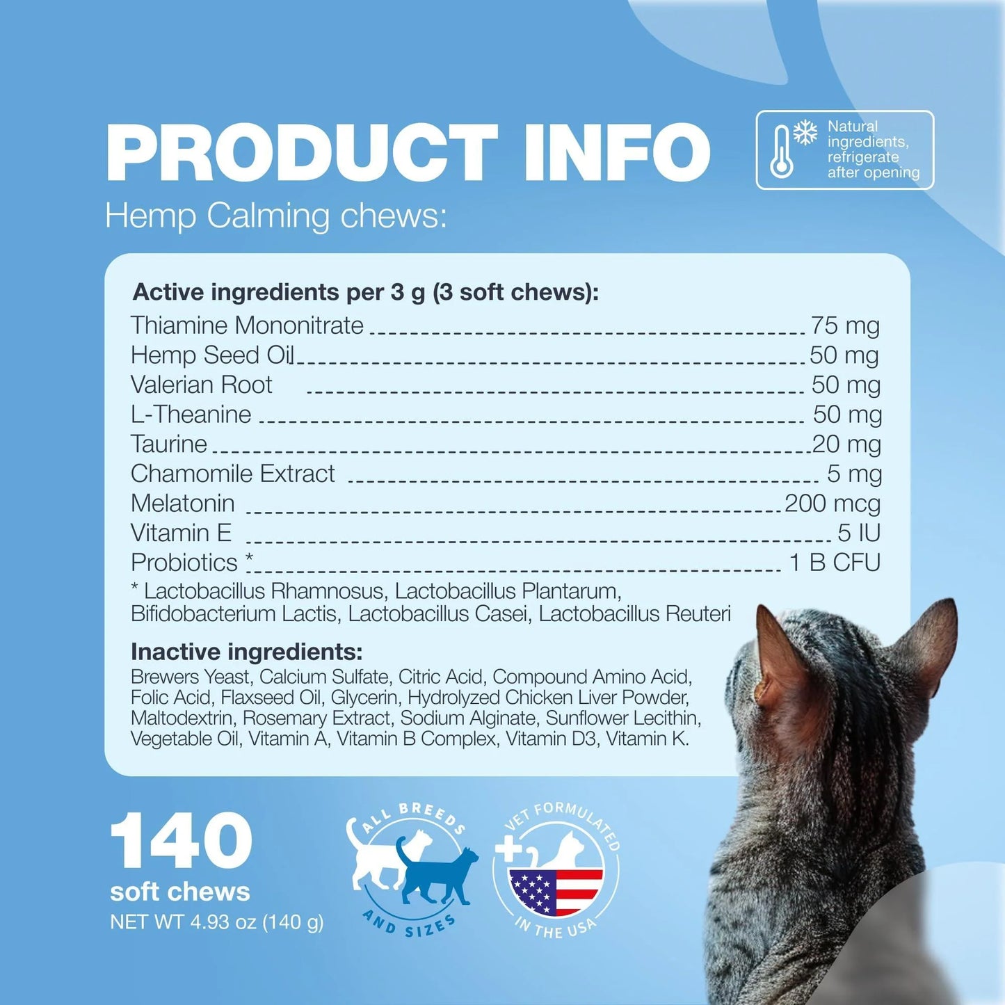 Hemp Calming Chews for Cats Melatonin Hemp Seed Oil & Probiotics Anxiety Relief