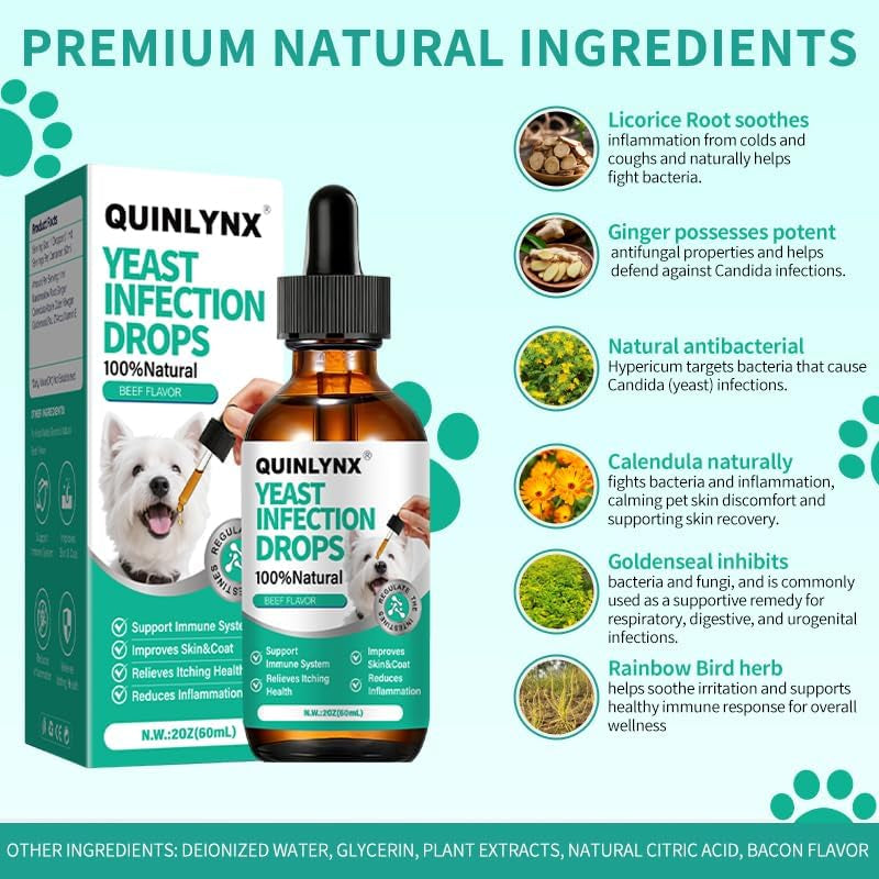 Dog Yeast Infection Treatment Drops – Treats Canine Ear & Paw Yeast Infections, Relieves Irritation, Inflammation & Allergies, Multivitamin Probiotic Supplement for Dogs