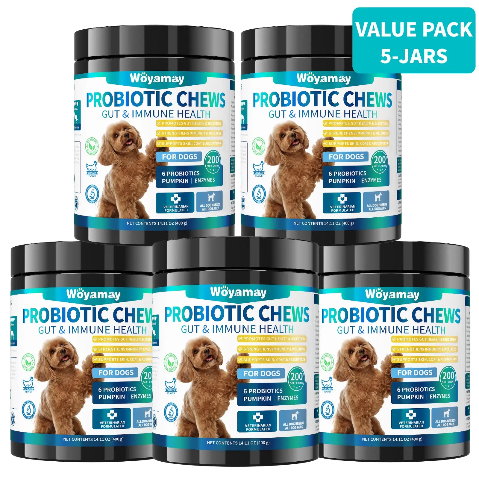 Dog Probiotics, 200 Chews, Gut and Digestive Health, Itchy Skin, Yeast Overgrowth, Diarrhoea & Gas, Overall Health Supplements